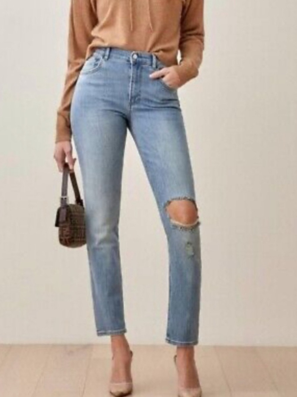 Reformation High Rise Straight Leg Jeans in Destroyed Cyprus Light Wash Size 26